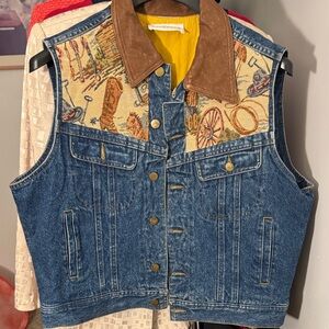 Vintage Denim Vest with Western Tapestry Yoke and Brown Leather Collar